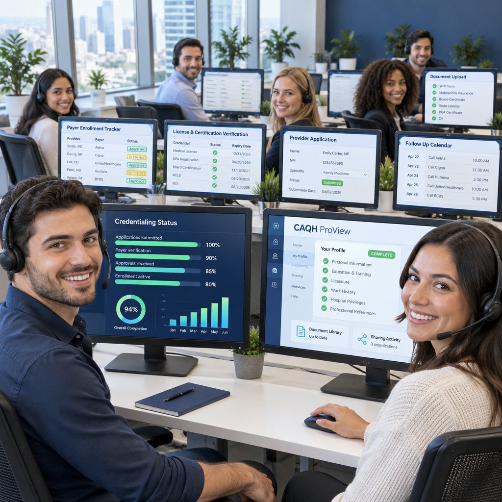 Young credentialing specialists tracking payer enrollment, licenses and applications on their computers