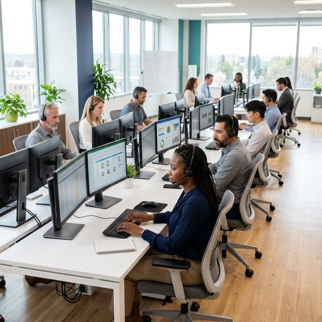 Credentialing and billing team working at computers in a bright open-plan office